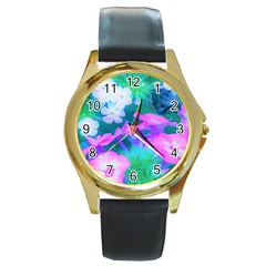 Pink, Green, Blue And White Garden Phlox Flowers Round Gold Metal Watch by myrubiogarden