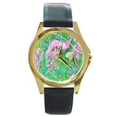 Invincibelle Spirit Hot Pink Hydrangeas On Aqua Green Round Gold Metal Watch by myrubiogarden