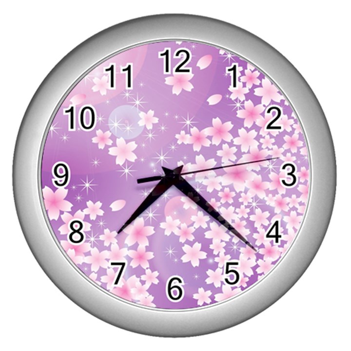 Japanese Sakura Background Wall Clock (Silver)