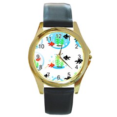 Fishbowl Fish Goldfish Water Round Gold Metal Watch by Wegoenart