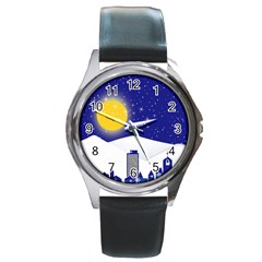 Night Christmas Background Moon Snow Round Metal Watch by Wegoenart