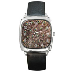 Peacock Feathers Wheel Plumage Square Metal Watch by Wegoenart