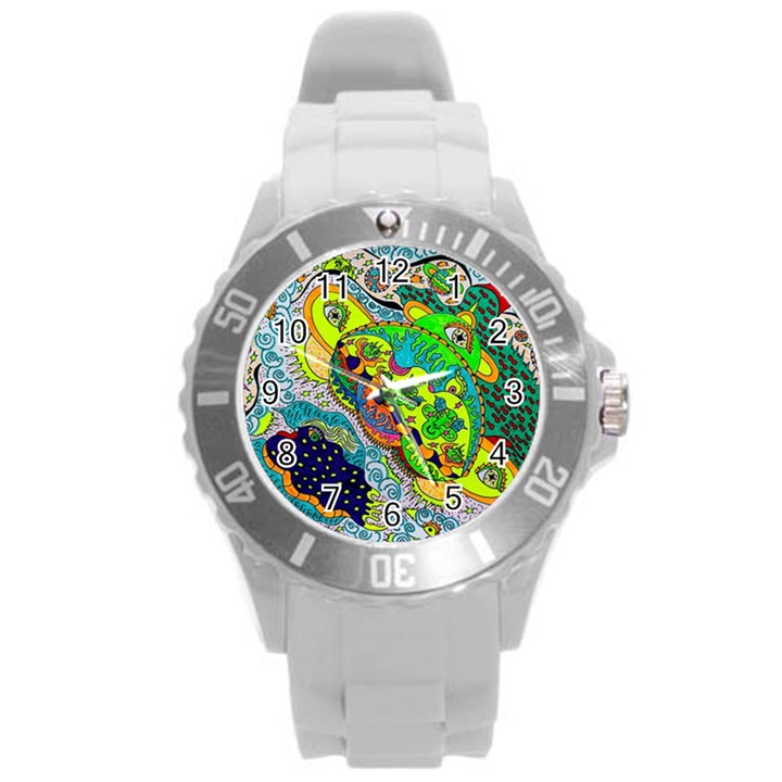 Cosmic Lizards With Alien Spaceship Round Plastic Sport Watch (L)