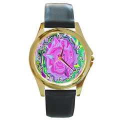 Groovy Pink, Blue And Green Abstract Liquid Art Round Gold Metal Watch by myrubiogarden