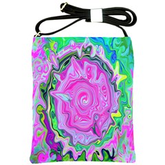 Groovy Pink, Blue And Green Abstract Liquid Art Shoulder Sling Bag by myrubiogarden