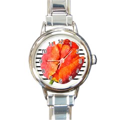 Red Tulip And Black Stripes Round Italian Charm Watch by picsaspassion