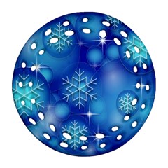 Blue Background Christmas Round Filigree Ornament (two Sides) by Wegoenart