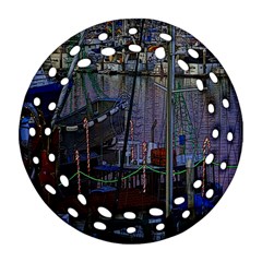 Christmas Boats In Harbor Ornament (round Filigree) by Wegoenart