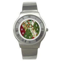 Christmas Quilt Background Stainless Steel Watch by Wegoenart