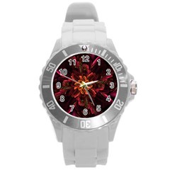 Floral Fractal Glow Flower Design Round Plastic Sport Watch (l) by Wegoenart