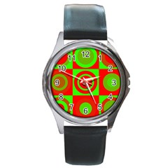 Red Green Christmas Background Round Metal Watch by Wegoenart