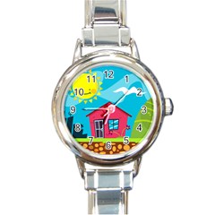 Kawaii Caricature Sun Nature City Round Italian Charm Watch by Wegoenart