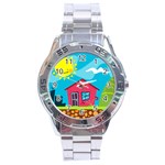 Kawaii Caricature Sun Nature City Stainless Steel Analogue Watch Front