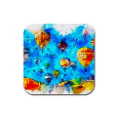 Hot Air Balloon Sky Art Watercolor Rubber Square Coaster (4 Pack) 