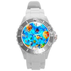 Hot Air Balloon Sky Art Watercolor Round Plastic Sport Watch (l) by Wegoenart