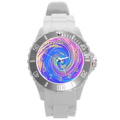 Cool Abstract Pink Blue And Yellow Twirl Liquid Art Round Plastic Sport Watch (l) by myrubiogarden