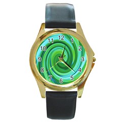 Groovy Abstract Turquoise Liquid Swirl Painting Round Gold Metal Watch by myrubiogarden