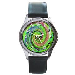 Groovy Abstract Green And Crimson Liquid Swirl Round Metal Watch by myrubiogarden