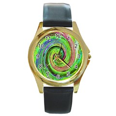 Groovy Abstract Green And Crimson Liquid Swirl Round Gold Metal Watch by myrubiogarden