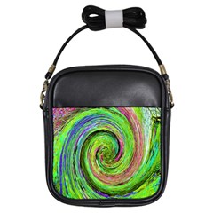 Groovy Abstract Green And Crimson Liquid Swirl Girls Sling Bag by myrubiogarden