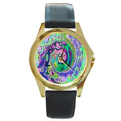 Groovy Abstract Aqua And Navy Lava Liquid Swirl Round Gold Metal Watch by myrubiogarden