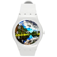 Color Lake Mountain Painting Round Plastic Sport Watch (m) by Pakrebo