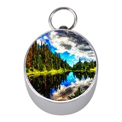 Color Lake Mountain Painting Mini Silver Compasses by Pakrebo