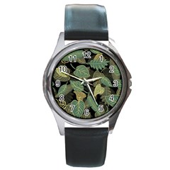 Autumn Fallen Leaves Dried Leaves Round Metal Watch by Pakrebo