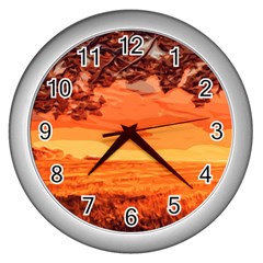 Field Sunset Orange Sky Land Wall Clock (silver) by Pakrebo