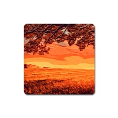 Field Sunset Orange Sky Land Square Magnet by Pakrebo