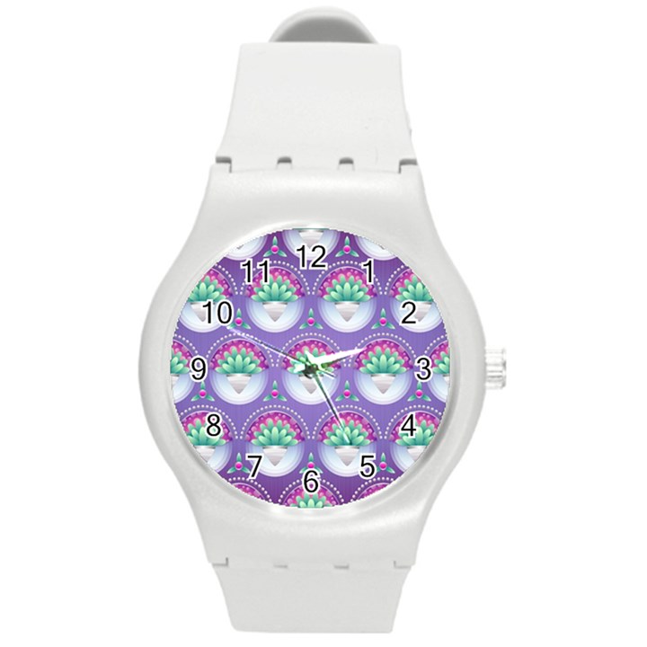 Background Floral Pattern Purple Round Plastic Sport Watch (M)