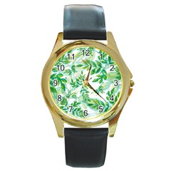 Leaves Green Pattern Nature Plant Round Gold Metal Watch by Pakrebo