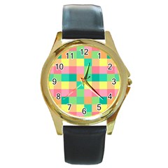 Checkerboard Pastel Squares Round Gold Metal Watch by Pakrebo