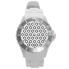 Pattern Star Repeating Black White Round Plastic Sport Watch (l) by Pakrebo