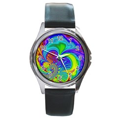 Fractal Neon Art Artwork Fantasy Round Metal Watch