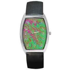 Fractal Art Neon Green Pink Barrel Style Metal Watch by Pakrebo