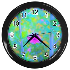 Pink Rose Of Sharon Impressionistic Blue Landscape Garden Wall Clock (black) by myrubiogarden