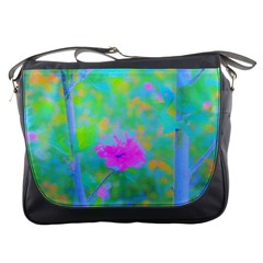 Pink Rose Of Sharon Impressionistic Blue Landscape Garden Messenger Bag by myrubiogarden