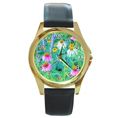 White And Purple Coneflowers And Yellow Rudbeckia Round Gold Metal Watch by myrubiogarden