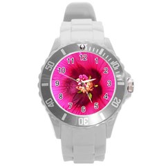 Deep Pink And Crimson Hibiscus Flower Macro Round Plastic Sport Watch (l) by myrubiogarden