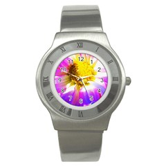 Purple, Pink And White Dahlia With A Bright Yellow Center Stainless Steel Watch by myrubiogarden