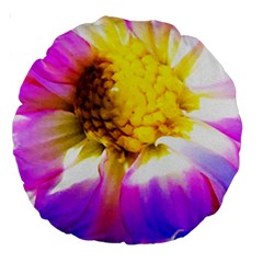 Purple, Pink And White Dahlia With A Bright Yellow Center Large 18  Premium Round Cushions by myrubiogarden