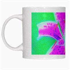Hot Pink Stargazer Lily On Turquoise Blue And Green White Mugs by myrubiogarden