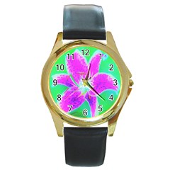 Hot Pink Stargazer Lily On Turquoise Blue And Green Round Gold Metal Watch by myrubiogarden