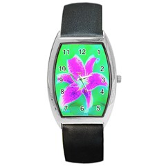 Hot Pink Stargazer Lily On Turquoise Blue And Green Barrel Style Metal Watch by myrubiogarden