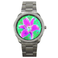 Hot Pink Stargazer Lily On Turquoise Blue And Green Sport Metal Watch