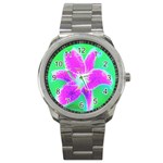 Hot Pink Stargazer Lily On Turquoise Blue And Green Sport Metal Watch Front