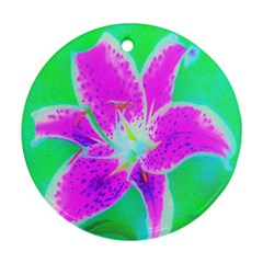 Hot Pink Stargazer Lily On Turquoise Blue And Green Round Ornament (two Sides) by myrubiogarden