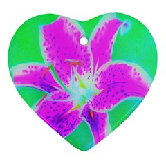 Hot Pink Stargazer Lily On Turquoise Blue And Green Heart Ornament (two Sides) by myrubiogarden