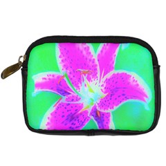 Hot Pink Stargazer Lily On Turquoise Blue And Green Digital Camera Leather Case by myrubiogarden